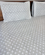Full view of the hand block print on ORA Living Grey Cross Handblock Premium Cotton Bedsheet Set