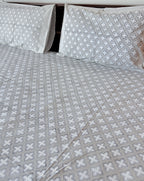 Print detail of ORA Living Grey Cross Handblock Premium Cotton Bedsheet Set