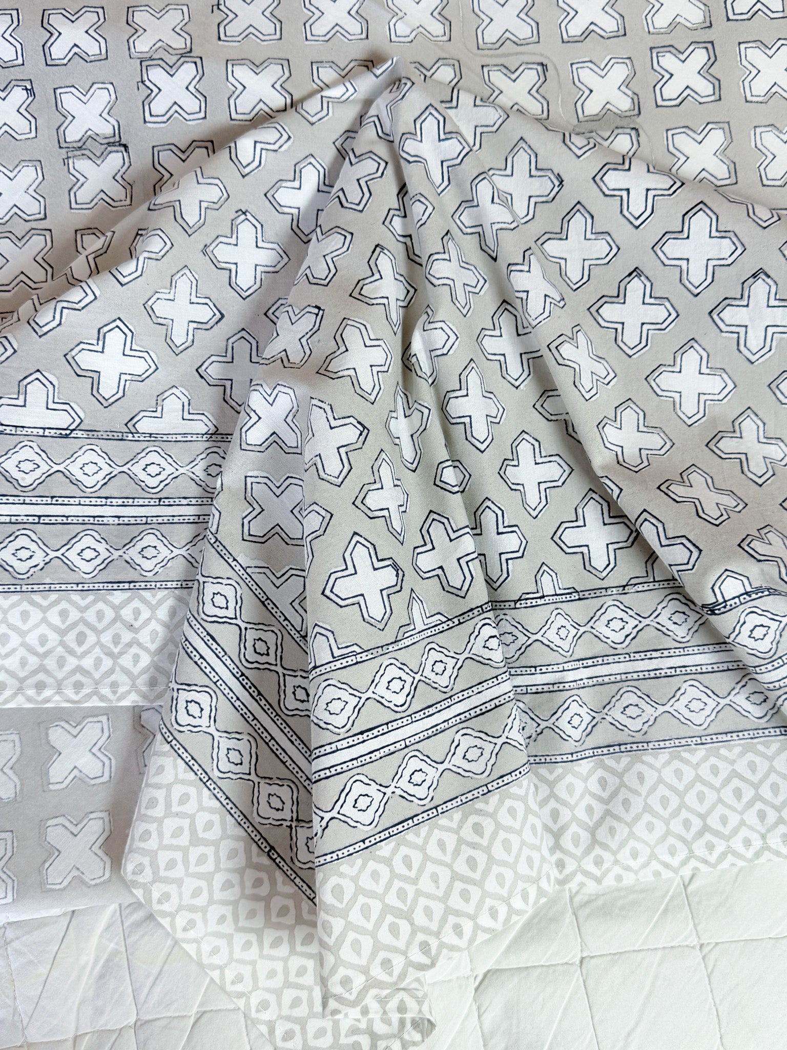 Cotton fabric detail of ORA Living Grey Cross Handblock Premium Cotton Bedsheet Set