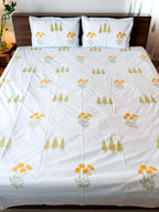 ORA Living Yellow Flower Blue Stripe Handblock Premium Cotton Bedsheet Set styled on a bed