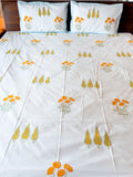 Print detail of ORA Living Yellow Flower Blue Stripe Handblock Premium Cotton Bedsheet Set