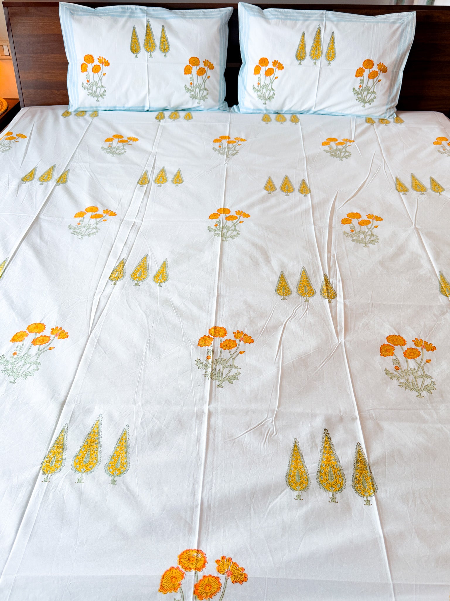 Print detail of ORA Living Yellow Flower Blue Stripe Handblock Premium Cotton Bedsheet Set