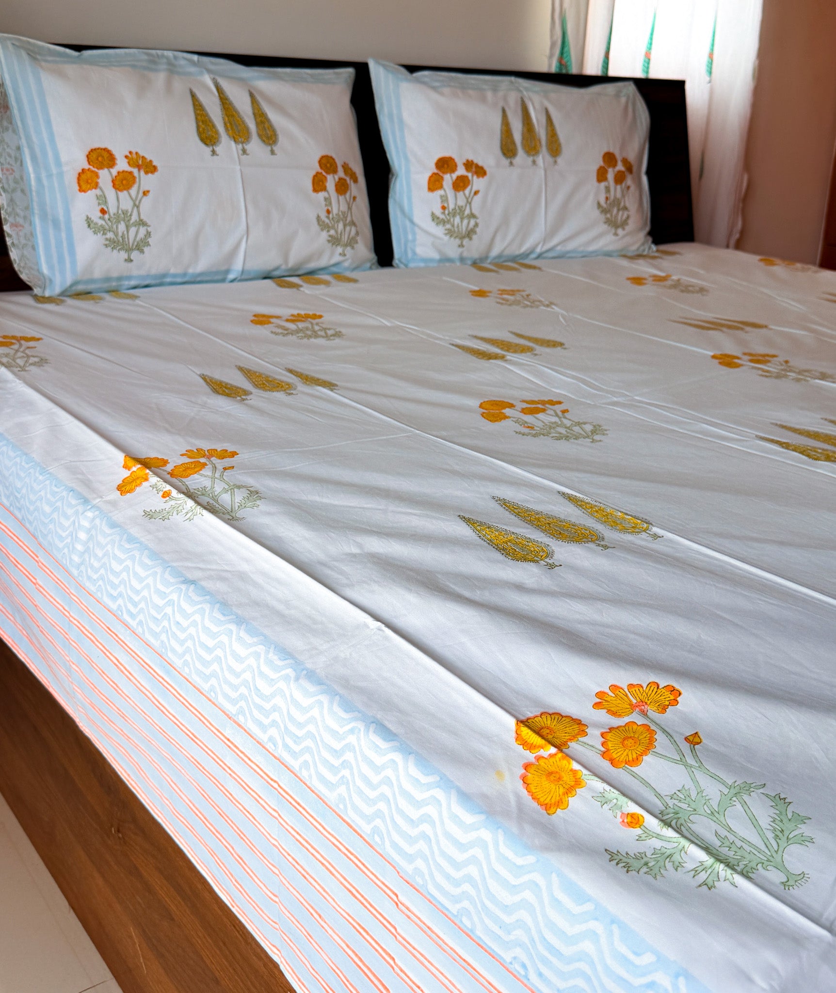 Cotton fabric detail of ORA Living Yellow Flower Blue Stripe Handblock Premium Cotton Bedsheet Set