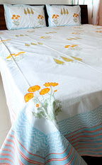 ORA Living Yellow Flower Blue Stripe Handblock Premium Cotton Bedsheet Set with matching pillow covers