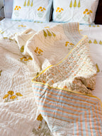 ORA Living Yellow Flower Blue Stripe Handblock Reversible Pure Mulmul Cotton Quilt floral or motif detail