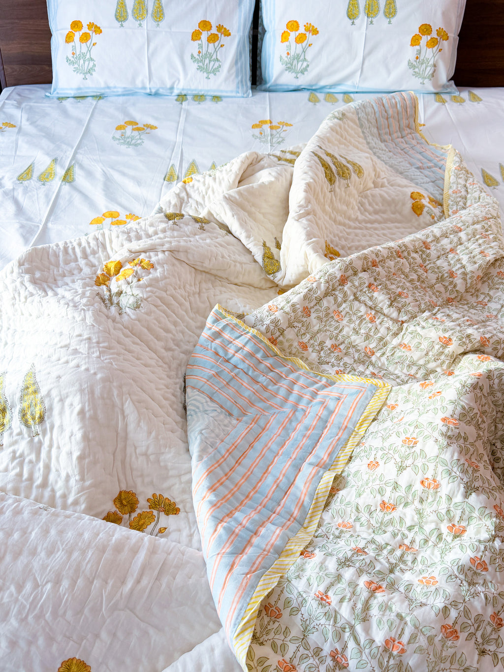 ORA Living Yellow Flower Blue Stripe Handblock Reversible Pure Mulmul Cotton Quilt reversible print detail