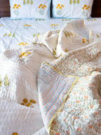 ORA Living Yellow Flower Blue Stripe Handblock Reversible Pure Mulmul Cotton Quilt reversible print detail