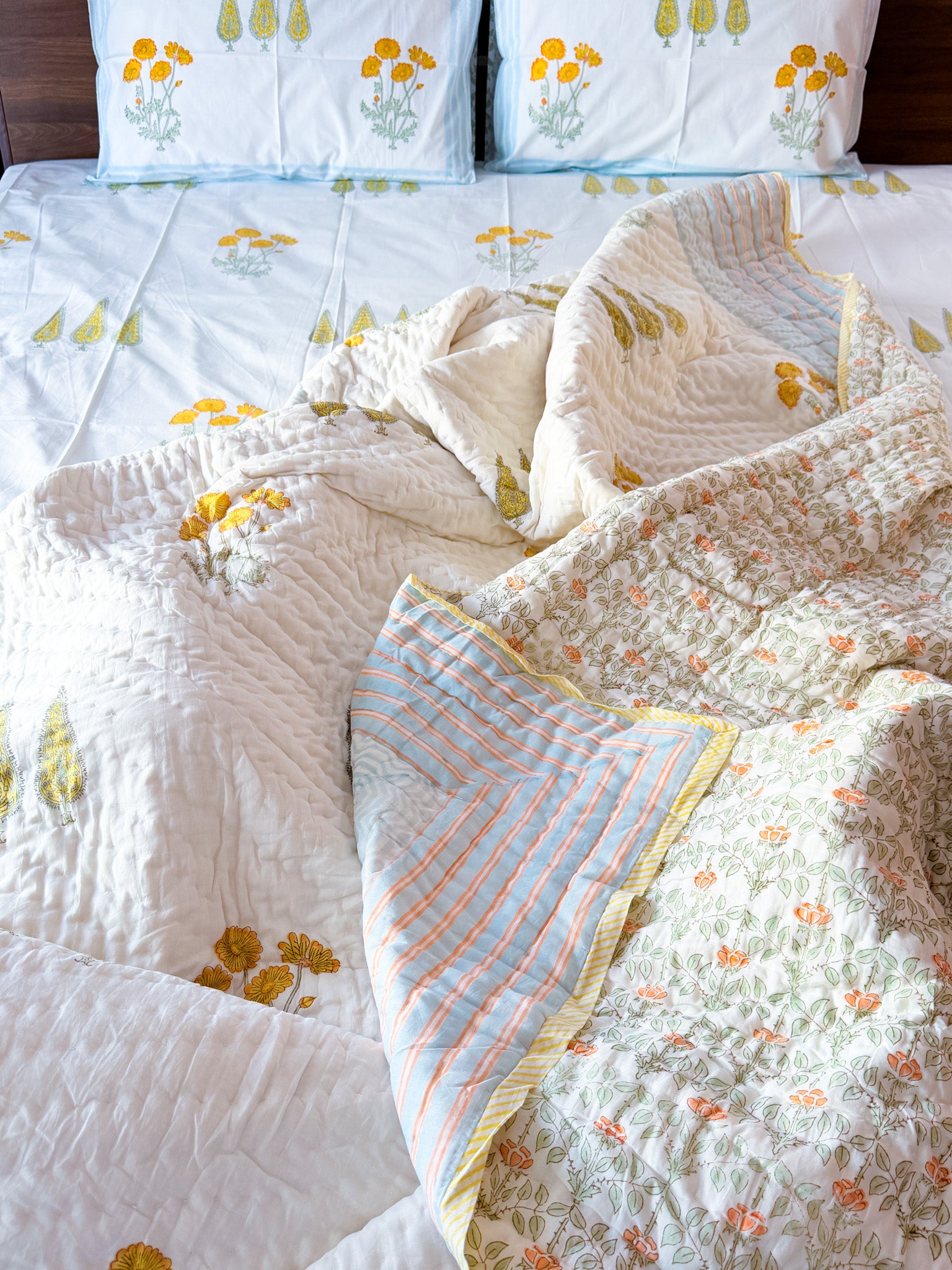 ORA Living Yellow Flower Blue Stripe Handblock Reversible Pure Mulmul Cotton Quilt reversible print detail