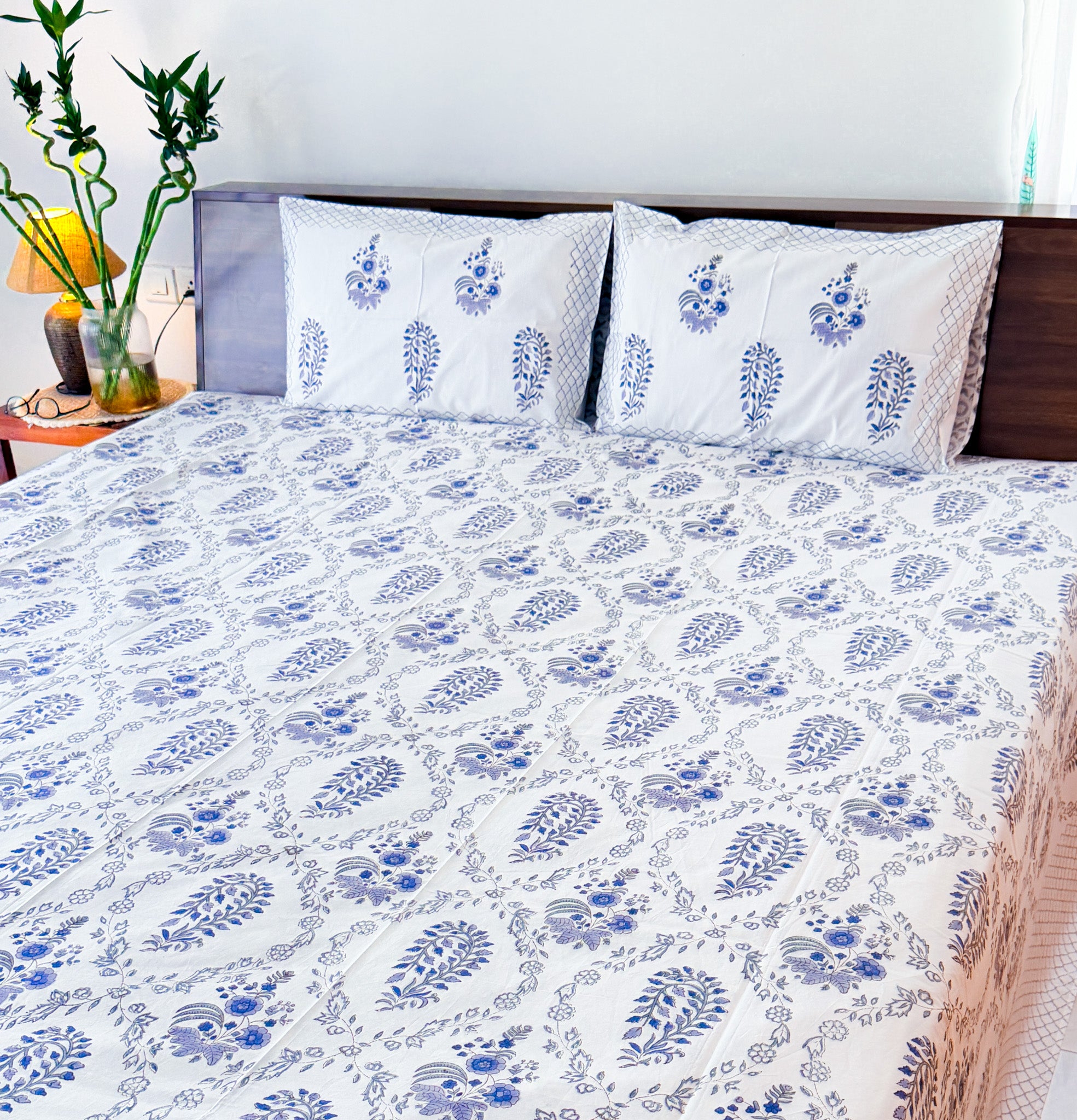 Full view of the hand block print on ORA Living Blue & Grey Floral Handblock Premium Cotton Bedsheet Set