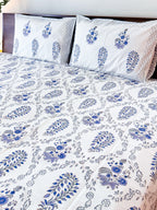 Print detail of ORA Living Blue & Grey Floral Handblock Premium Cotton Bedsheet Set