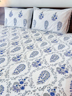 Cotton fabric detail of ORA Living Blue & Grey Floral Handblock Premium Cotton Bedsheet Set