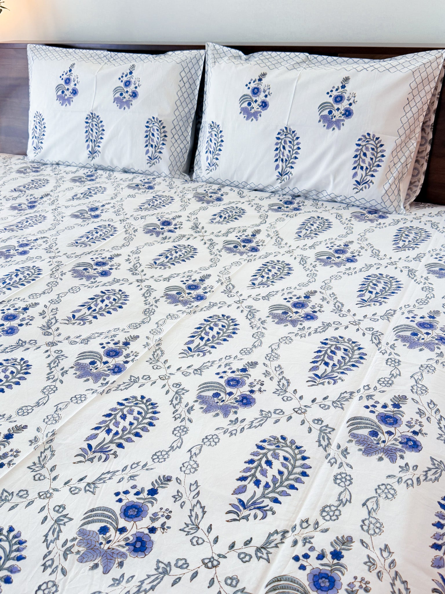 Cotton fabric detail of ORA Living Blue & Grey Floral Handblock Premium Cotton Bedsheet Set