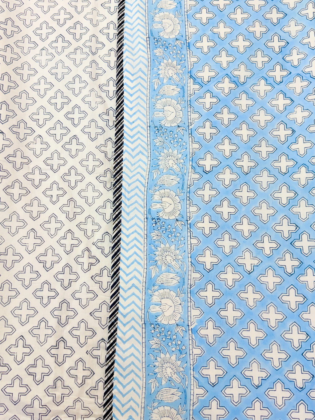 Blue and white cross print detail of ORA Living Blue Cross Handblock Reversible Pure Mulmul Cotton Dohar