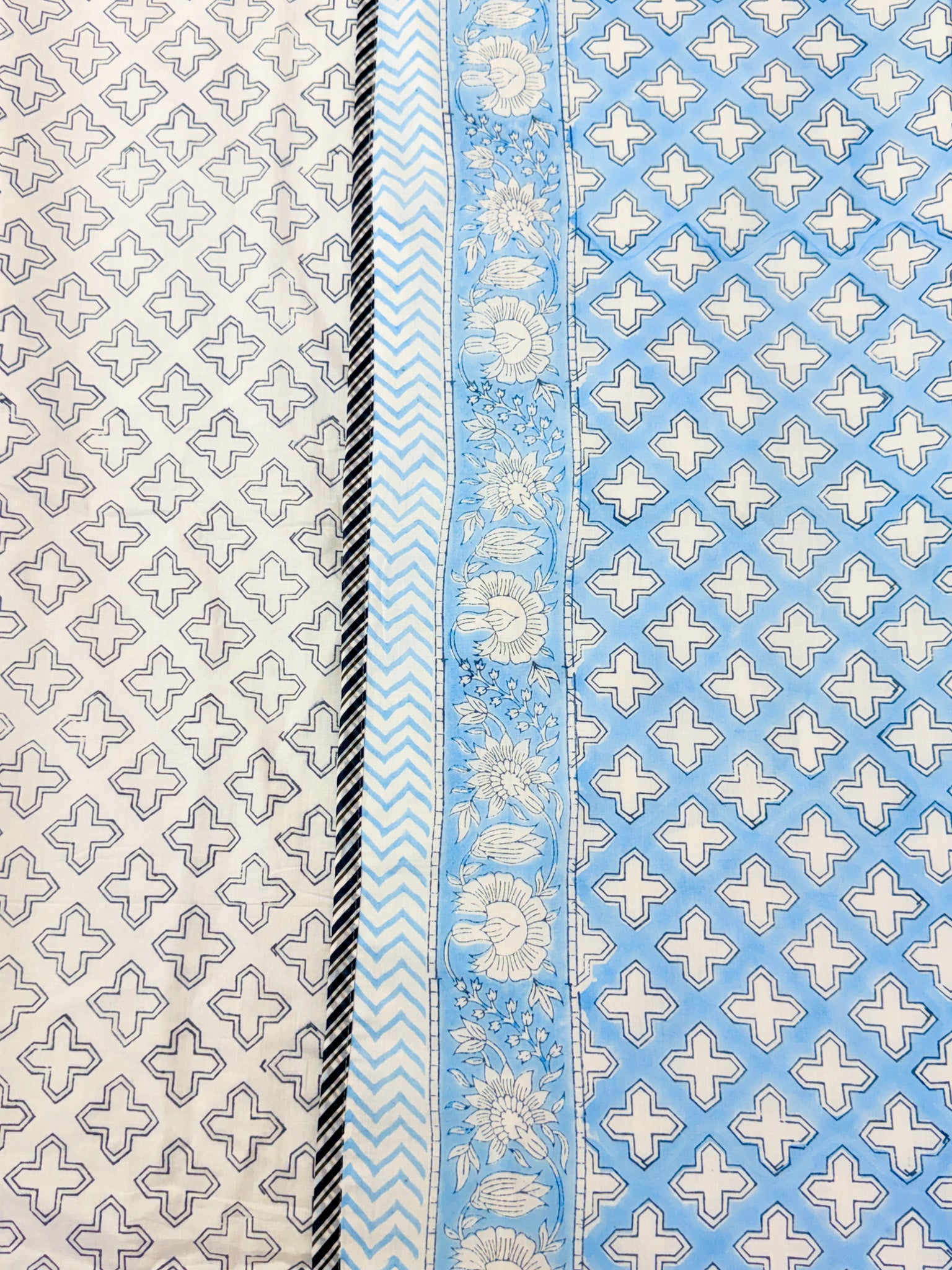 Blue and white cross print detail of ORA Living Blue Cross Handblock Reversible Pure Mulmul Cotton Dohar