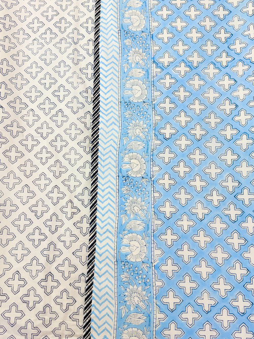 Blue and white cross print detail of ORA Living Blue Cross Handblock Reversible Pure Mulmul Cotton Dohar