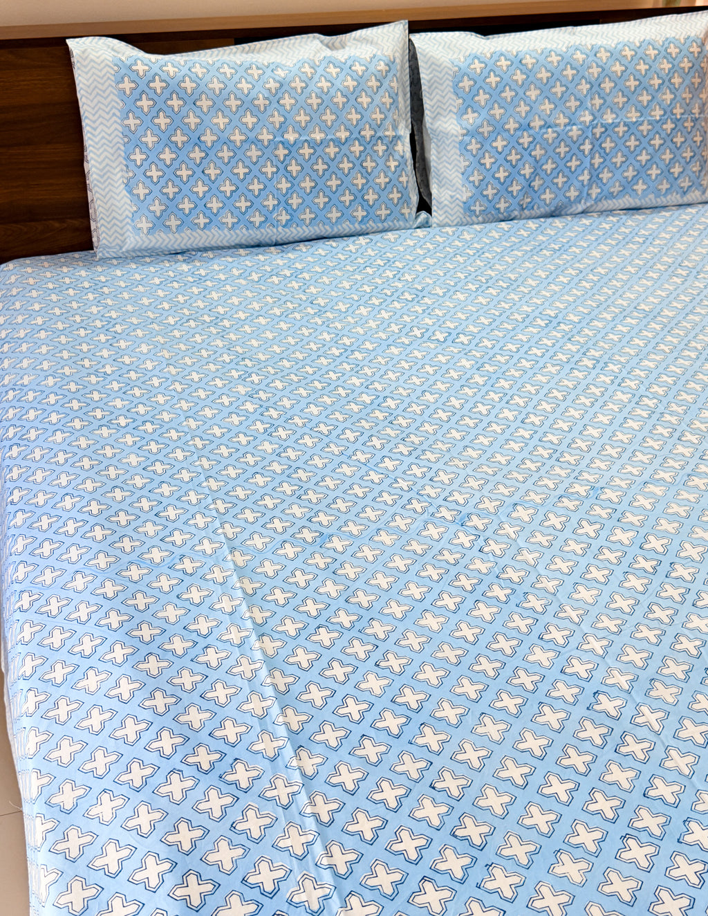 ORA Living Blue Cross Handblock Premium Cotton Bedsheet Set styled on a bed