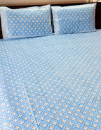Full view of the hand block print on ORA Living Blue Cross Handblock Premium Cotton Bedsheet Set