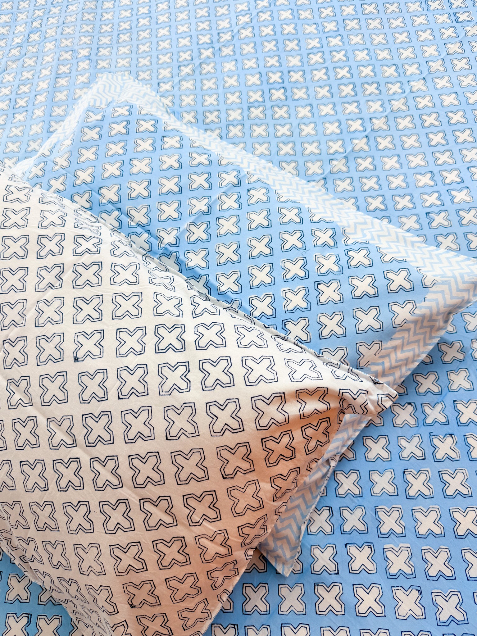 ORA Living Blue Cross Handblock Premium Cotton Bedsheet Set with matching pillow covers