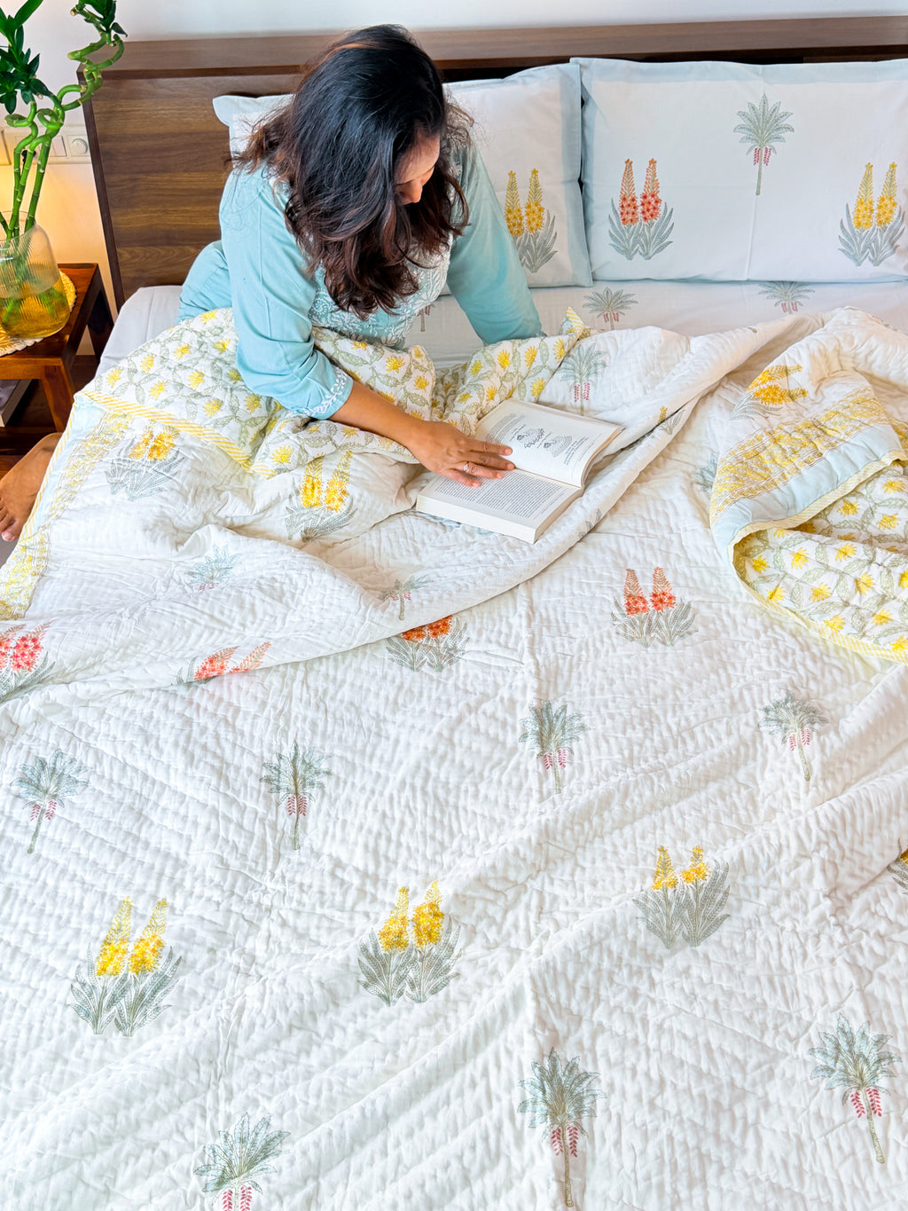 ORA Living Red Yellow Wildflower Handblock Reversible Pure Mulmul Cotton Quilt floral or motif detail