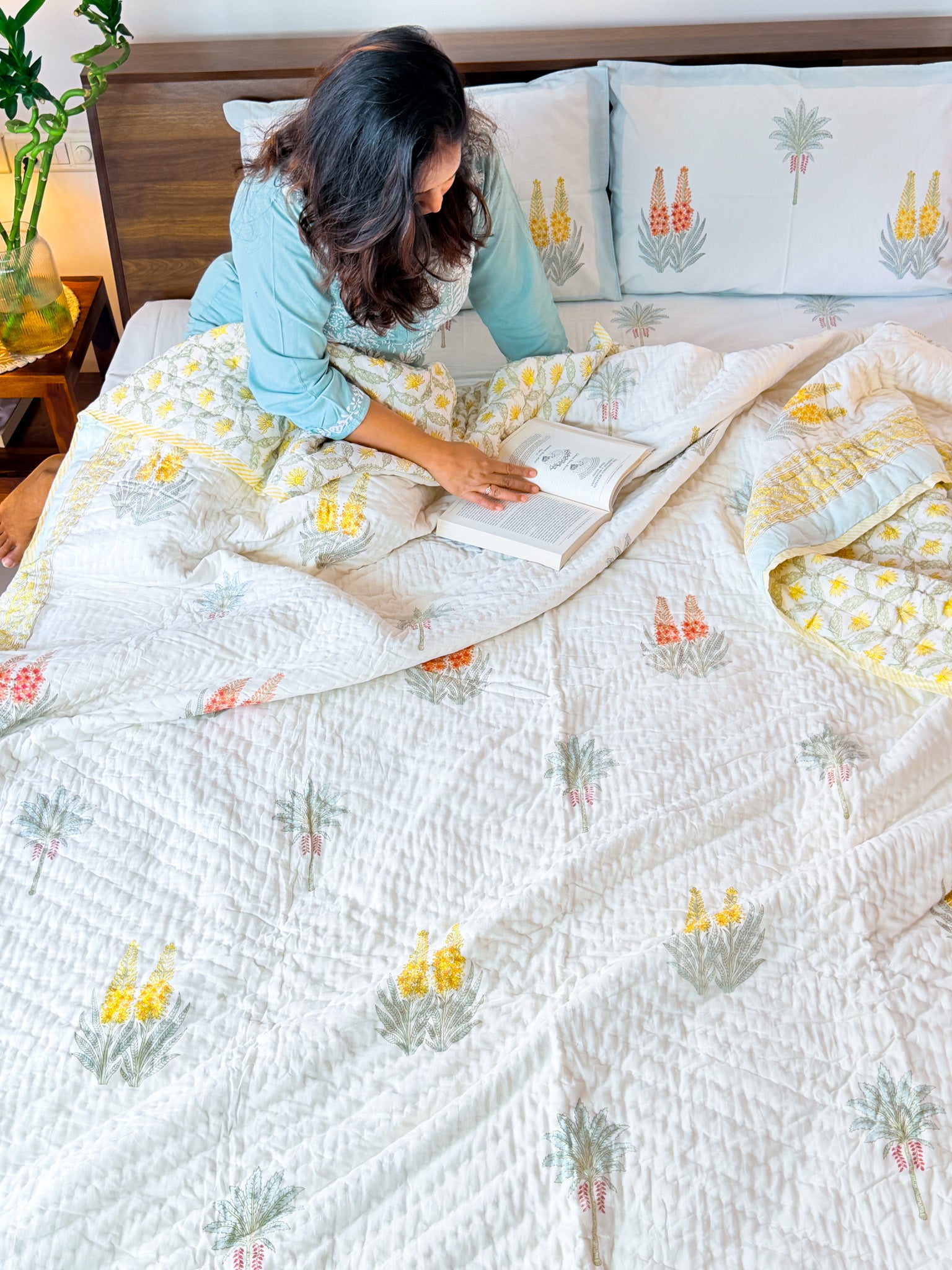 ORA Living Red Yellow Wildflower Handblock Reversible Pure Mulmul Cotton Quilt floral or motif detail
