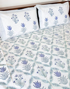 Full view of the hand block print on ORA Living Blue Flower Sage Leaf Handblock Premium Cotton Bedsheet Set