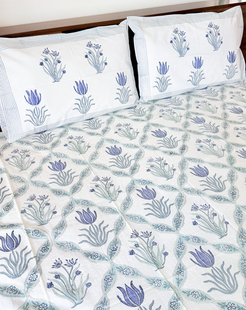 Full view of the hand block print on ORA Living Blue Flower Sage Leaf Handblock Premium Cotton Bedsheet Set