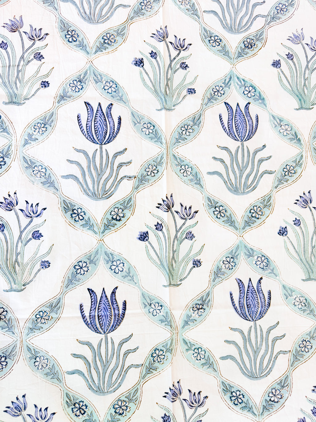 Cotton fabric detail of ORA Living Blue Flower Sage Leaf Handblock Premium Cotton Bedsheet Set