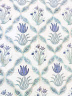 Cotton fabric detail of ORA Living Blue Flower Sage Leaf Handblock Premium Cotton Bedsheet Set