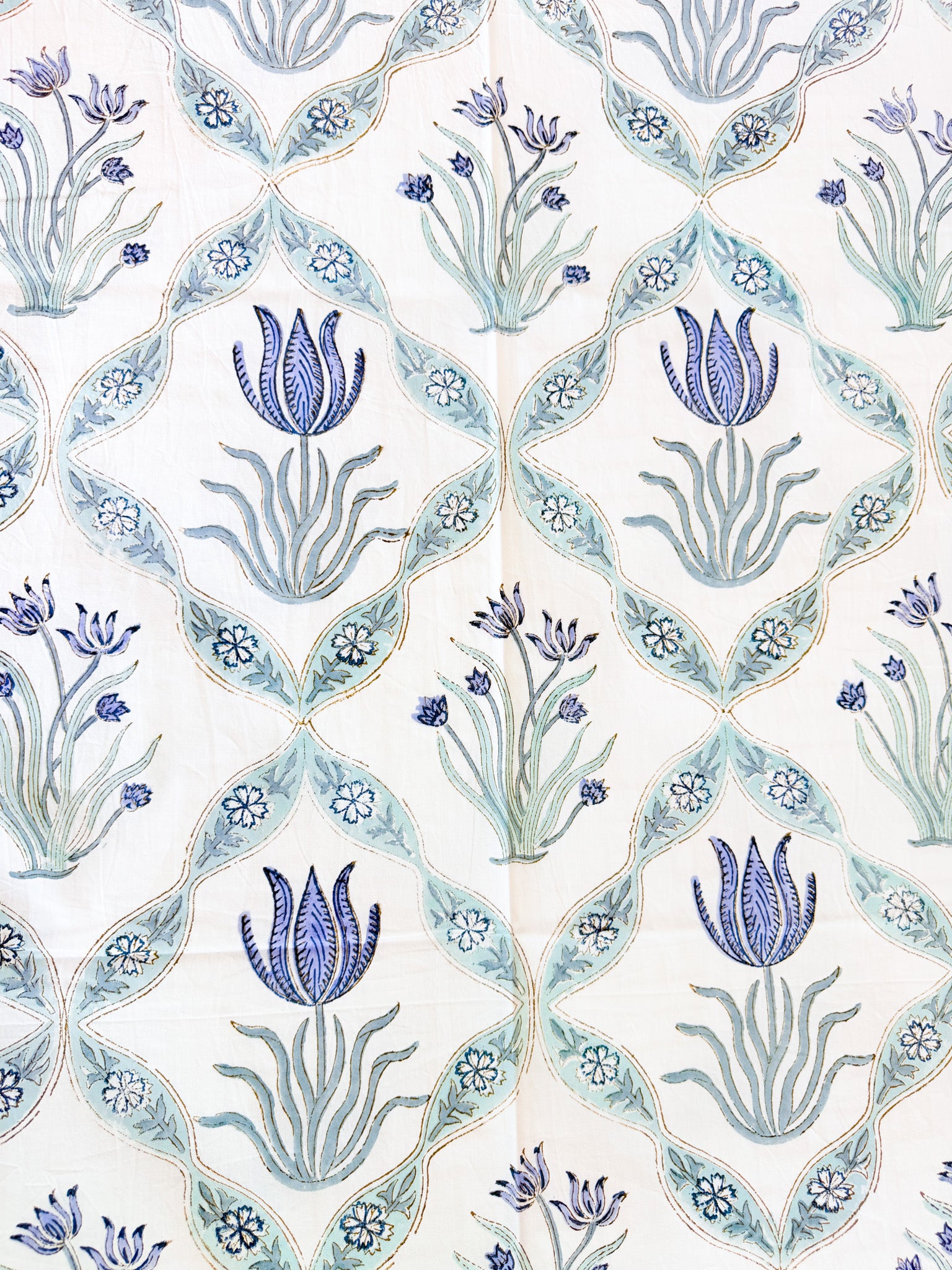 Cotton fabric detail of ORA Living Blue Flower Sage Leaf Handblock Premium Cotton Bedsheet Set