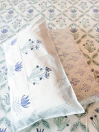 ORA Living Blue Flower Sage Leaf Handblock Premium Cotton Bedsheet Set with matching pillow covers