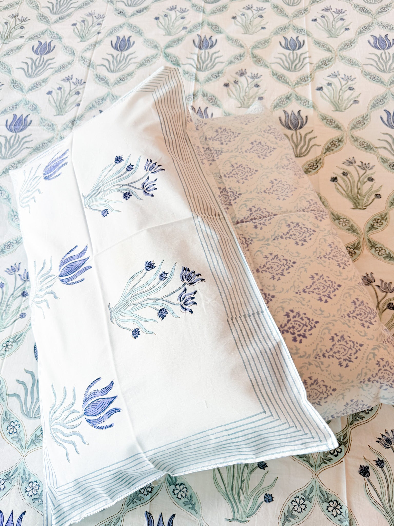 ORA Living Blue Flower Sage Leaf Handblock Premium Cotton Bedsheet Set with matching pillow covers