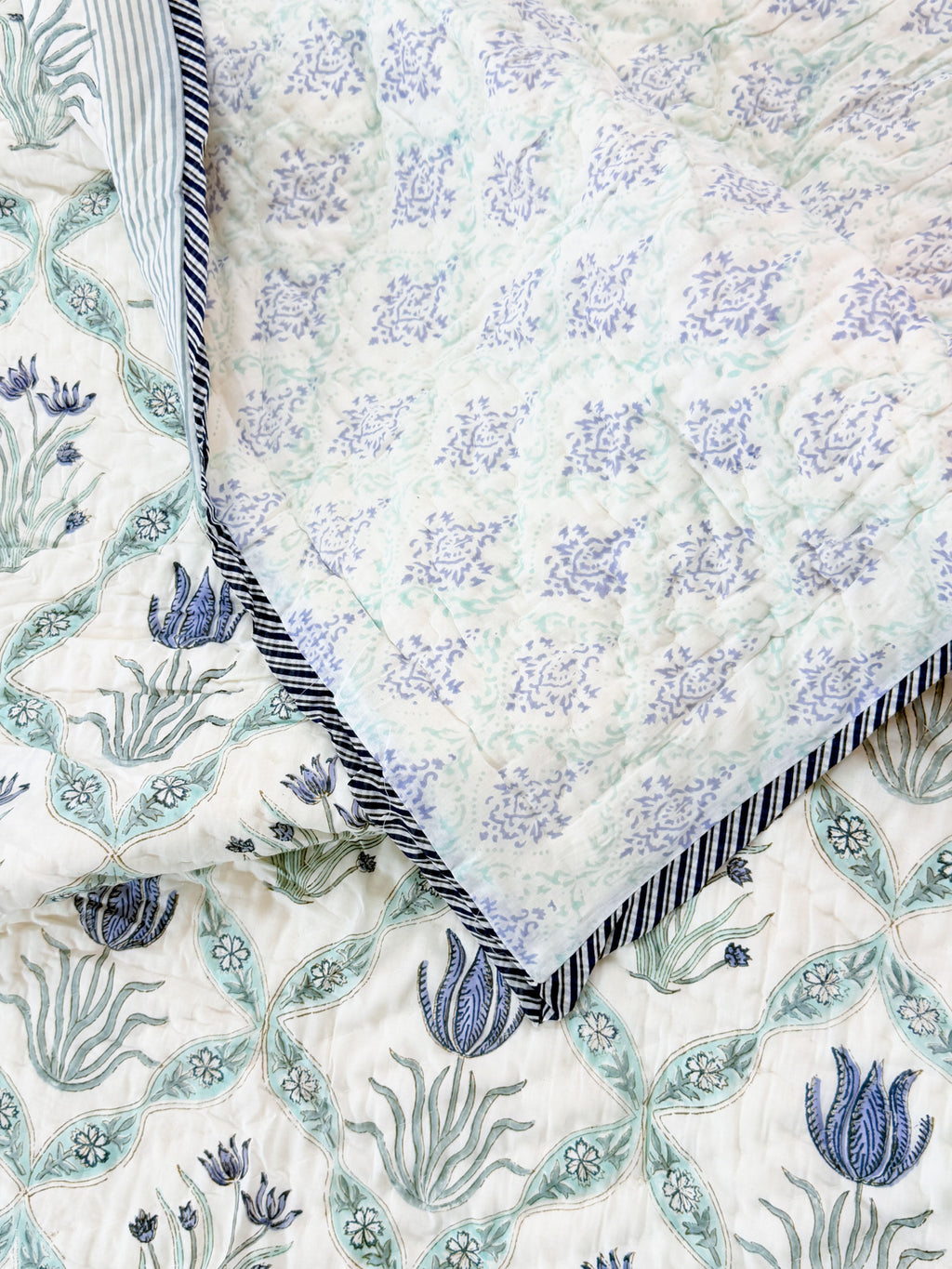 ORA Living Blue Flower Sage Leaf Handblock Reversible Pure Mulmul Cotton Quilt floral or motif detail