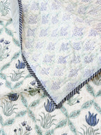 ORA Living Blue Flower Sage Leaf Handblock Reversible Pure Mulmul Cotton Quilt floral or motif detail