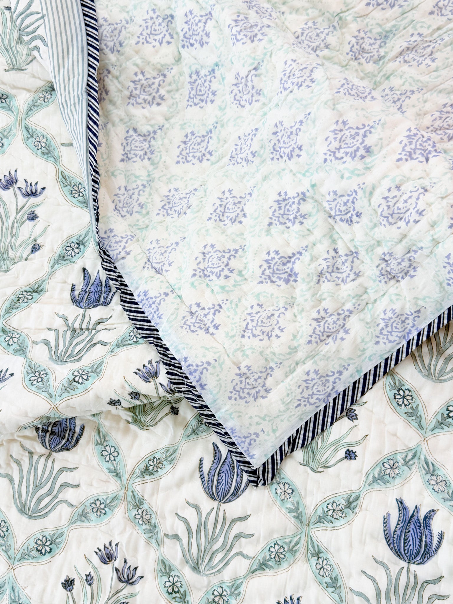 ORA Living Blue Flower Sage Leaf Handblock Reversible Pure Mulmul Cotton Quilt floral or motif detail