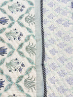 ORA Living Blue Flower Sage Leaf Handblock Reversible Pure Mulmul Cotton Quilt reversible print detail