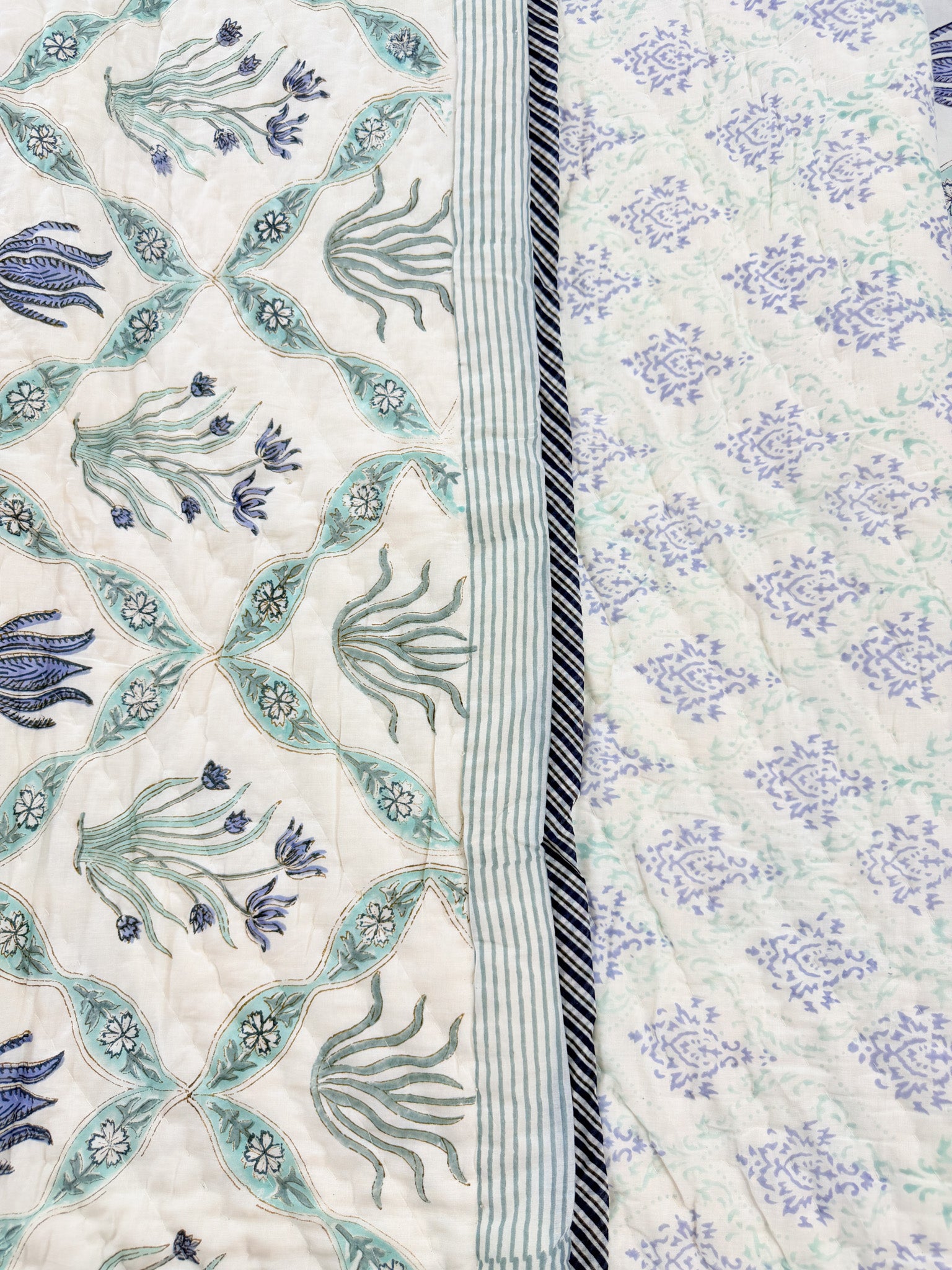 ORA Living Blue Flower Sage Leaf Handblock Reversible Pure Mulmul Cotton Quilt reversible print detail