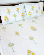 Print detail of ORA Living Primrose Green Leaf Handblock Premium Cotton Bedsheet Set