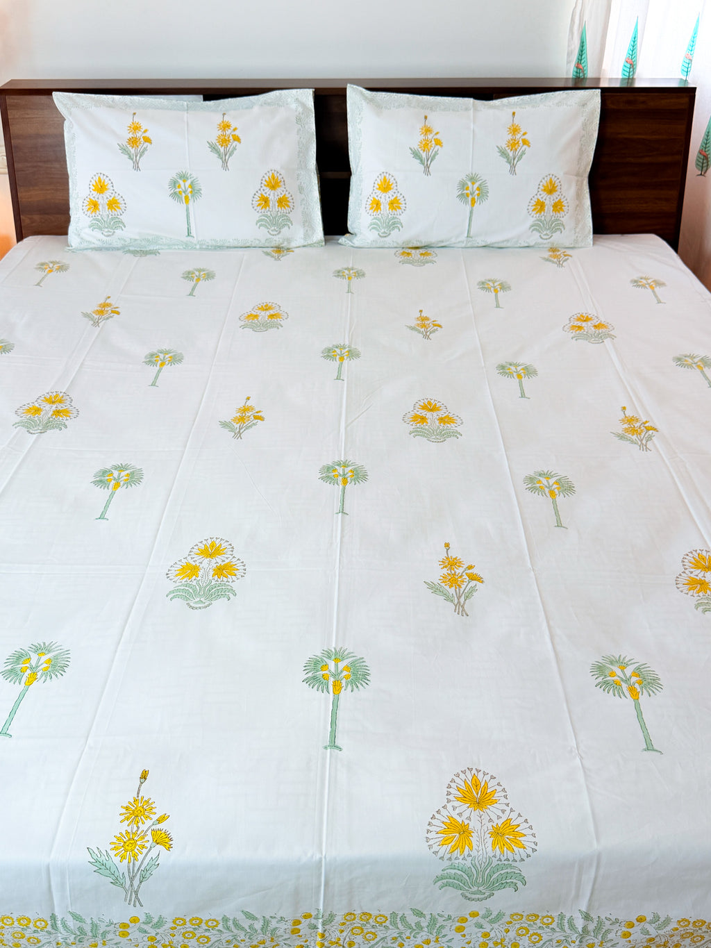 ORA Living Primrose Green Leaf Handblock Premium Cotton Bedsheet Set with matching pillow covers
