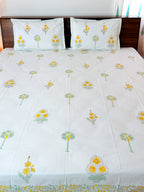 ORA Living Primrose Green Leaf Handblock Premium Cotton Bedsheet Set with matching pillow covers