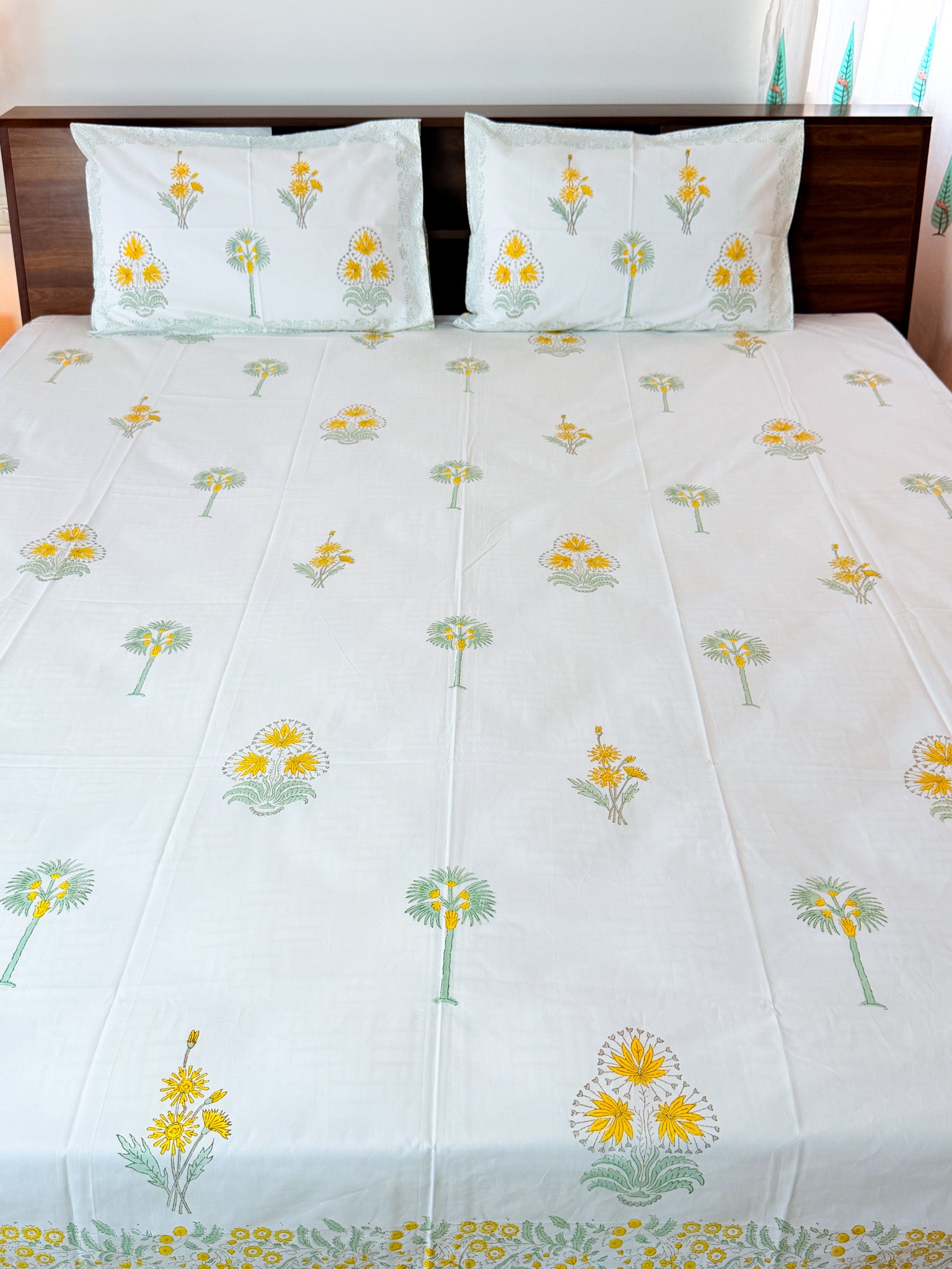 ORA Living Primrose Green Leaf Handblock Premium Cotton Bedsheet Set with matching pillow covers
