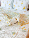 ORA Living Primrose Green Leaf Handblock Reversible Pure Mulmul Cotton Quilt shown with both printed sides
