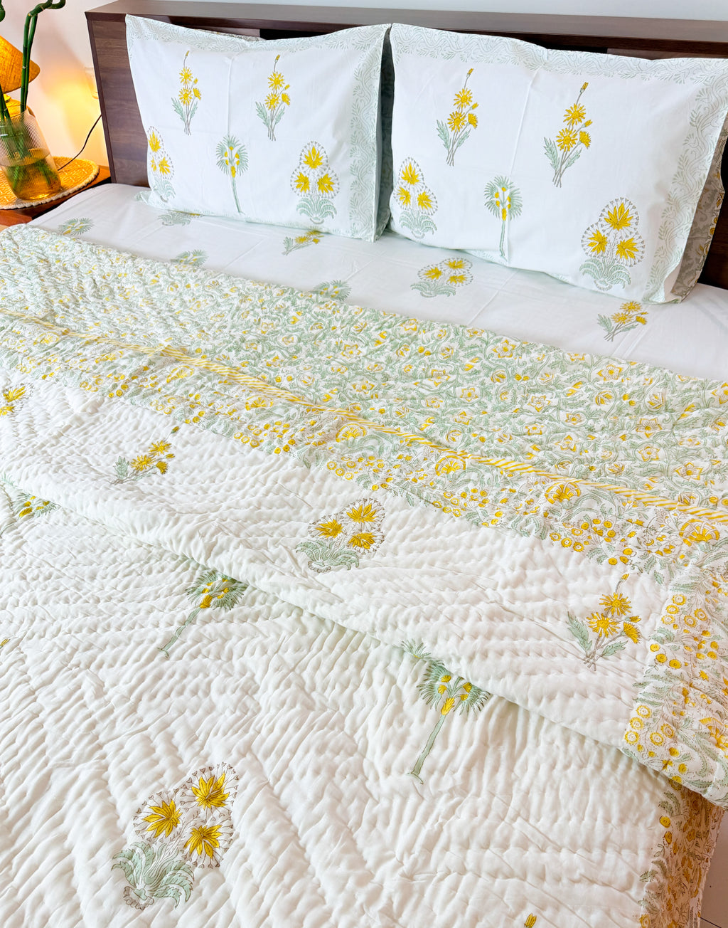ORA Living Primrose Green Leaf Handblock Reversible Pure Mulmul Cotton Quilt floral or motif detail
