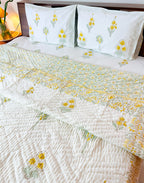 ORA Living Primrose Green Leaf Handblock Reversible Pure Mulmul Cotton Quilt floral or motif detail