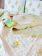 ORA Living Primrose Green Leaf Handblock Reversible Pure Mulmul Cotton Quilt reversible print detail