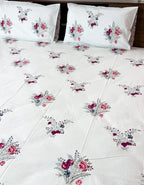Full view of the hand block print on ORA Living Pink Anar Garden Handblock Premium Cotton Bedsheet Set