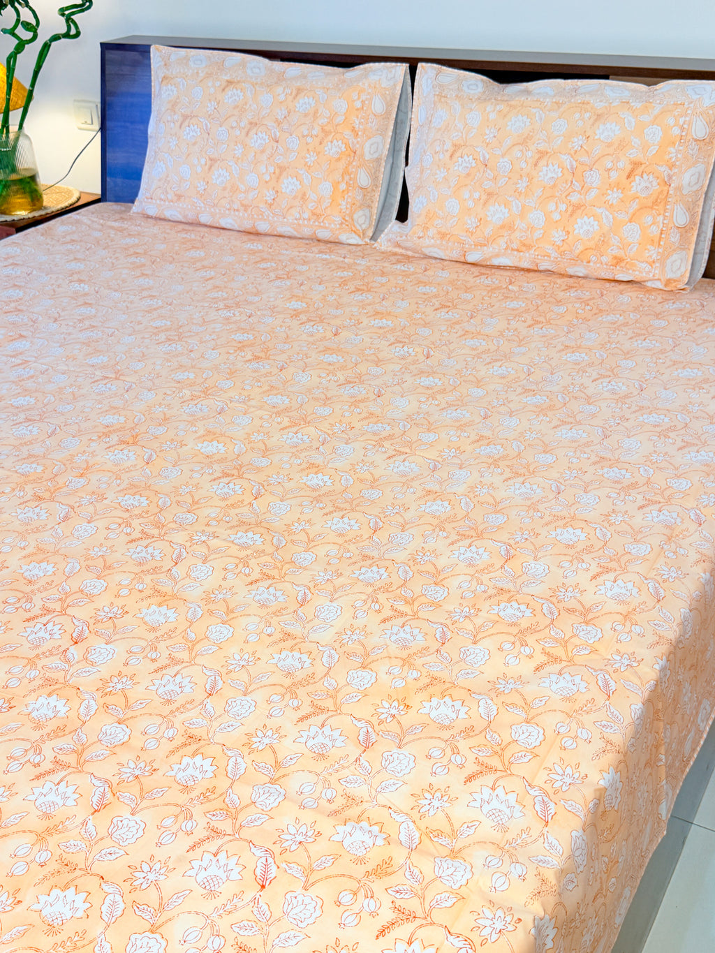 ORA Living Orange White Floral Handblock Premium Cotton Bedsheet Set with matching pillow covers