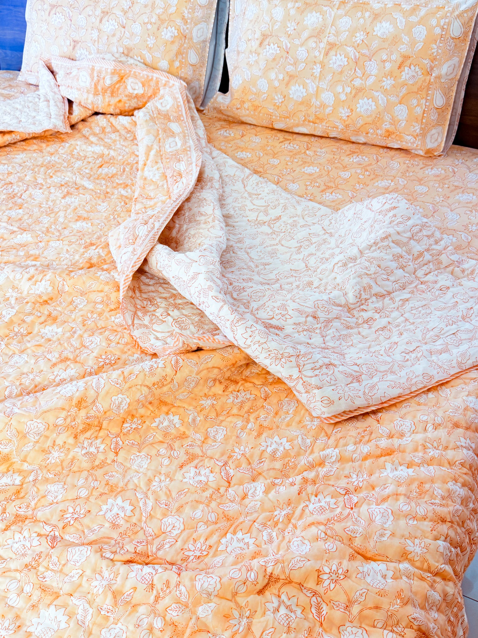 ORA Living Orange White Floral Handblock Reversible Pure Mulmul Cotton Quilt floral or motif detail