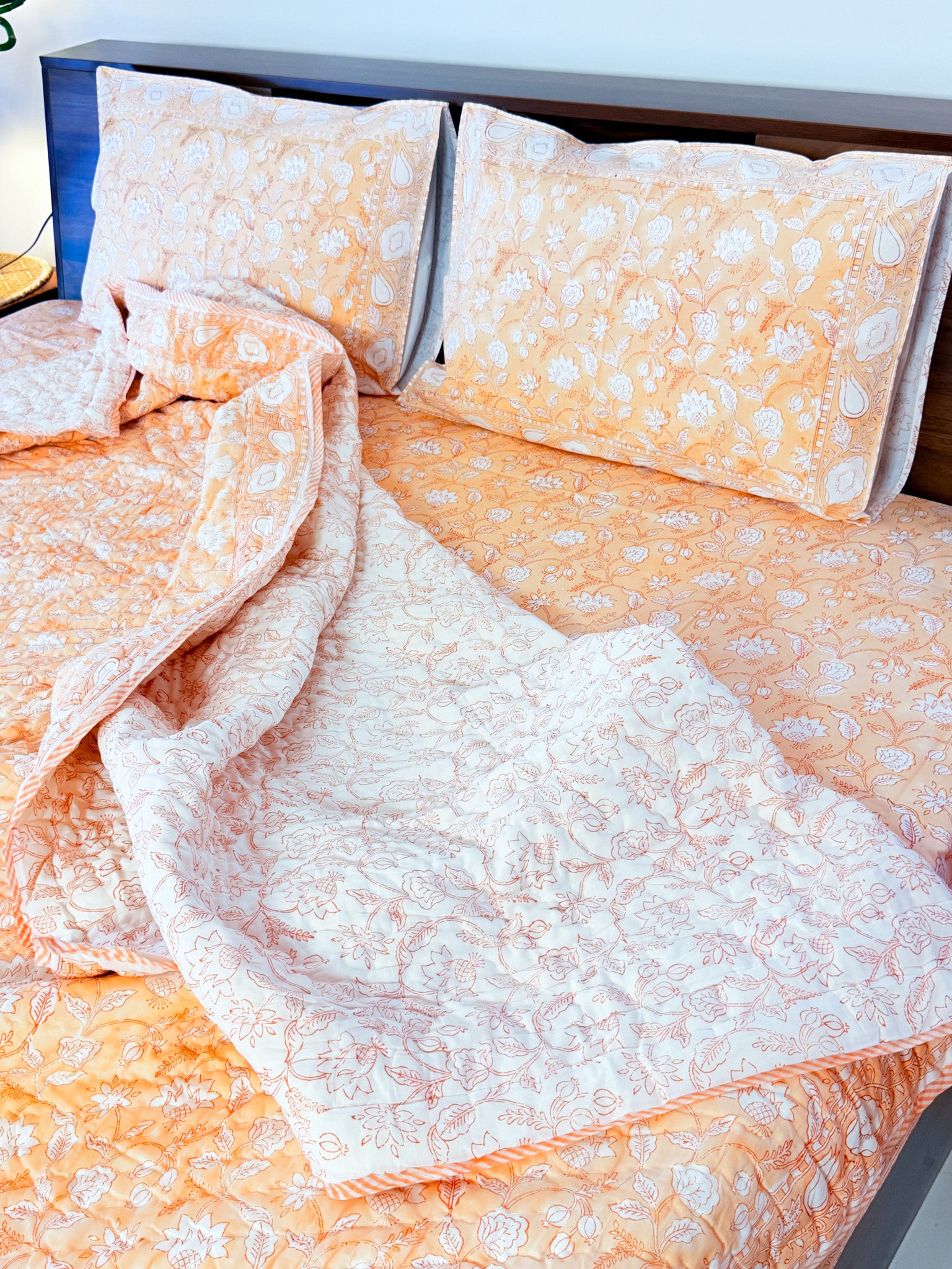 ORA Living Orange White Floral Handblock Reversible Pure Mulmul Cotton Quilt reversible print detail