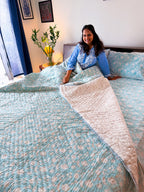 ORA Living Sky Blue White Bloom Handblock Reversible Pure Mulmul Cotton Quilt floral or motif detail