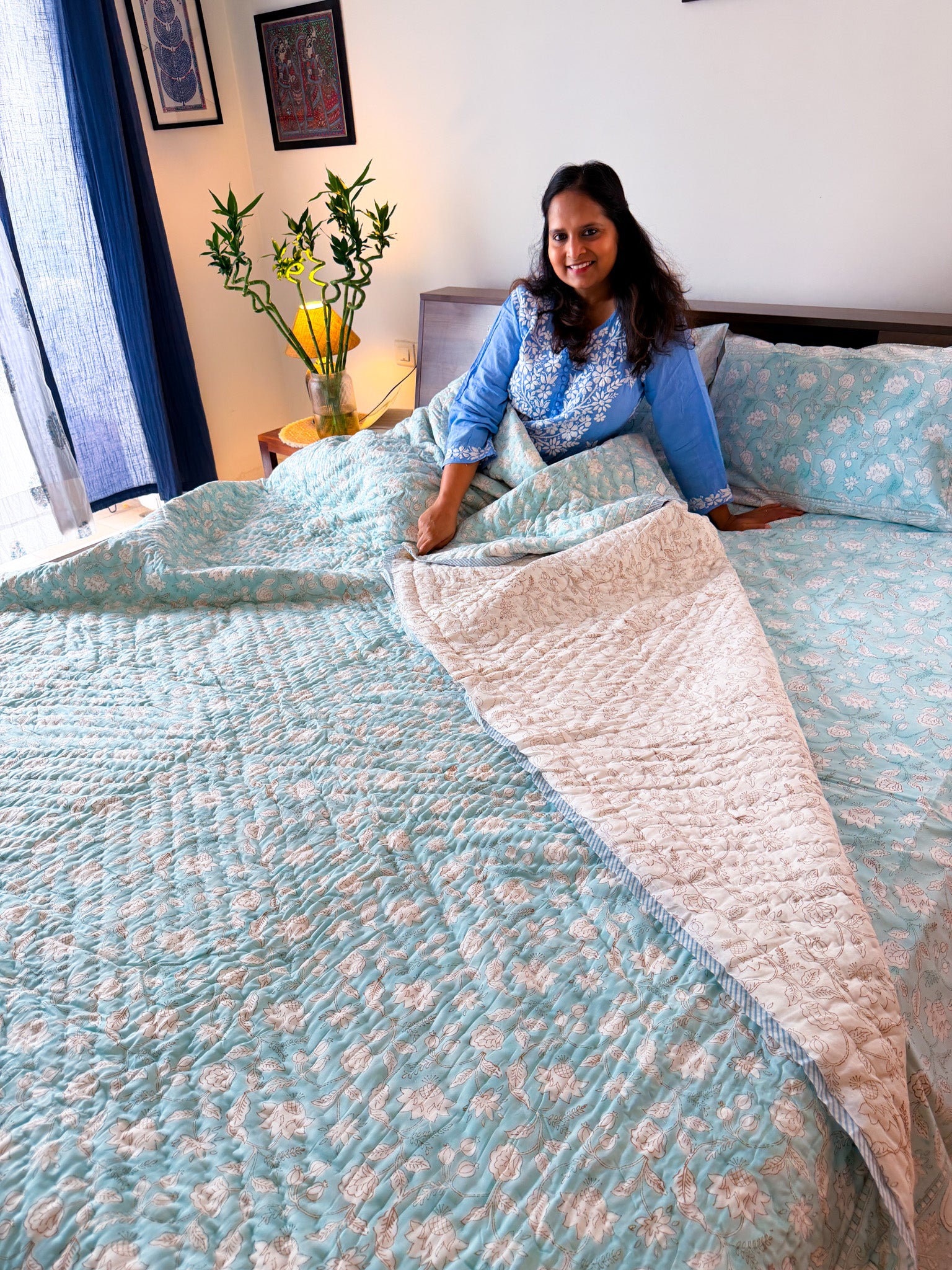 ORA Living Sky Blue White Bloom Handblock Reversible Pure Mulmul Cotton Quilt floral or motif detail